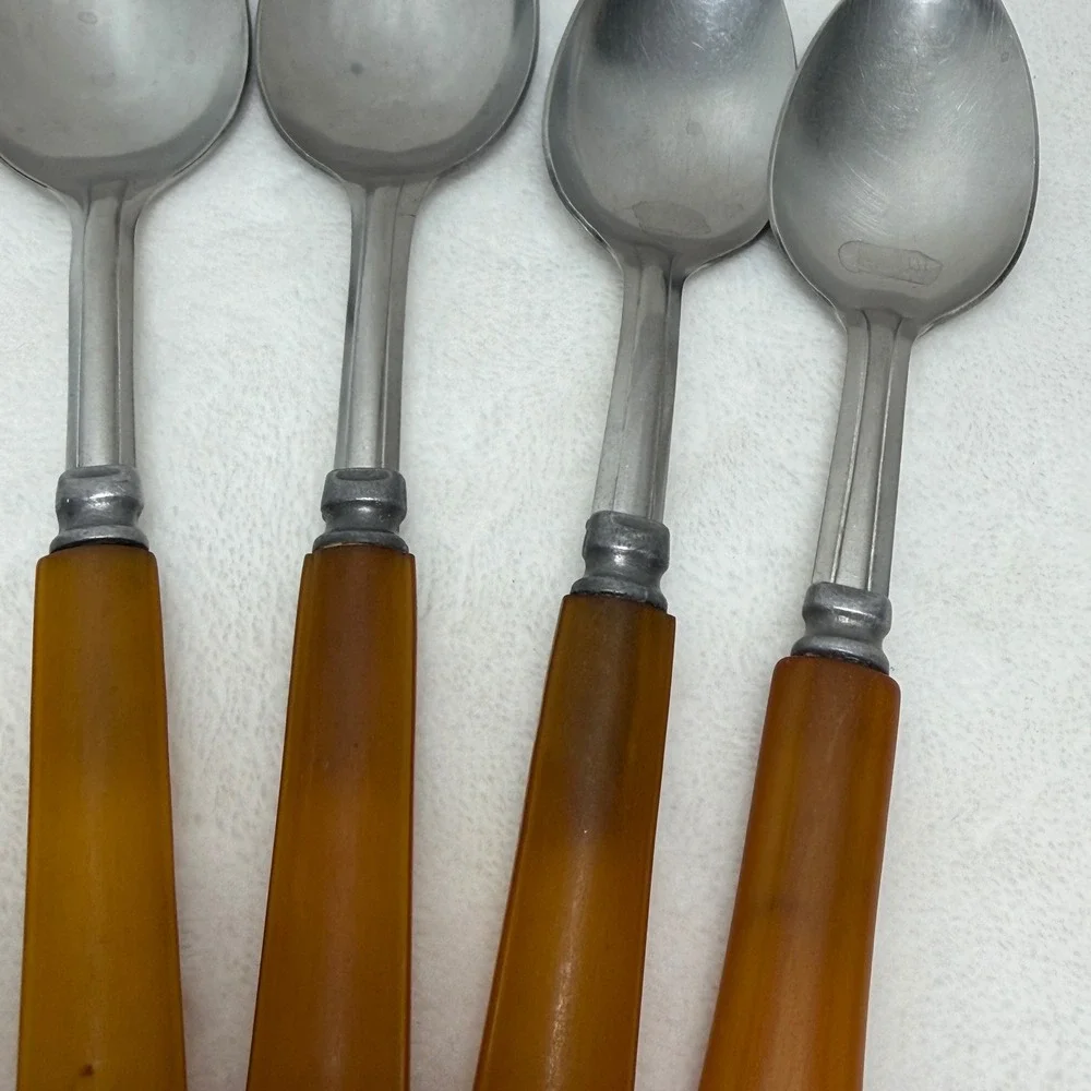 VTG Butterscotch Bakelite Handle Spoons Stainless Steel Set of 4 Mixed Sizes SEE